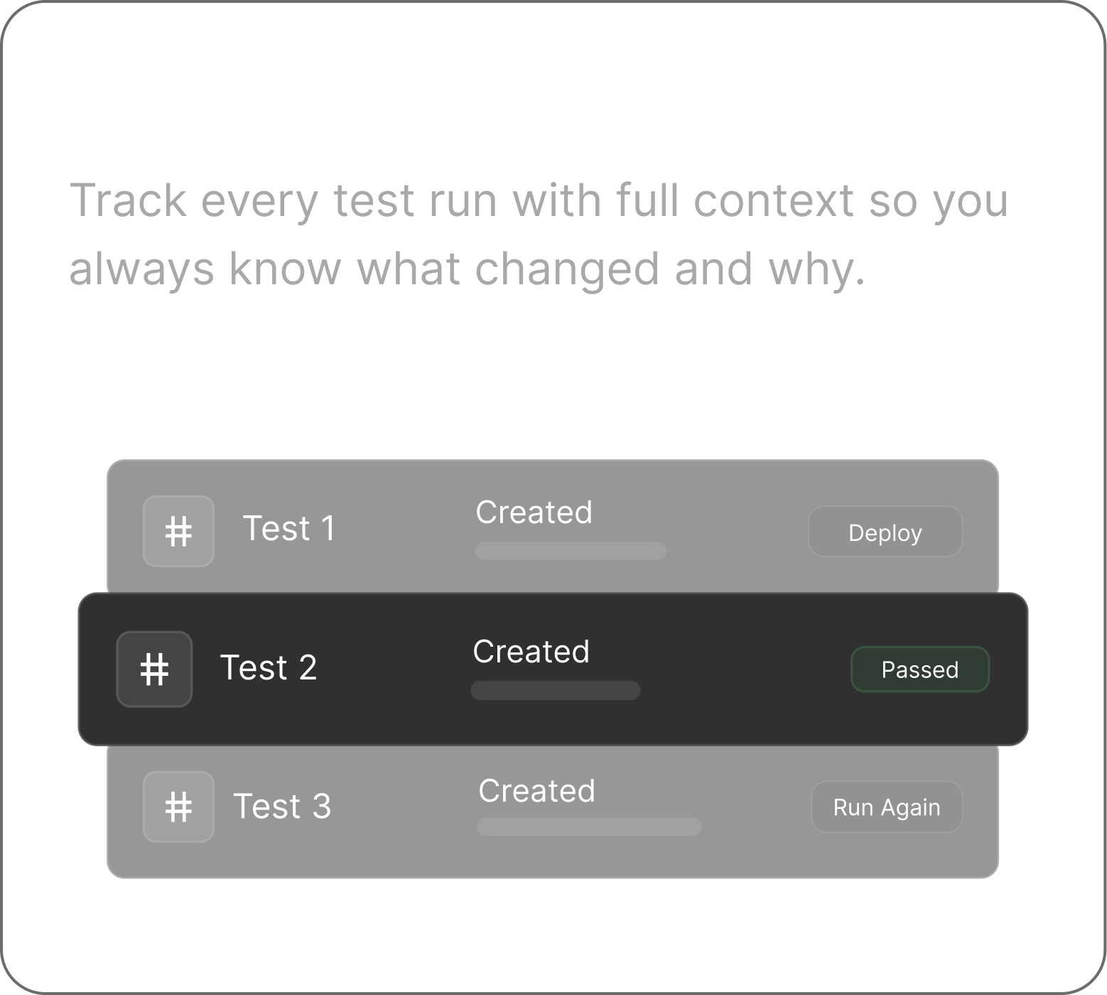 Runs & History — Test 1, Test 2 (passed), Test 3